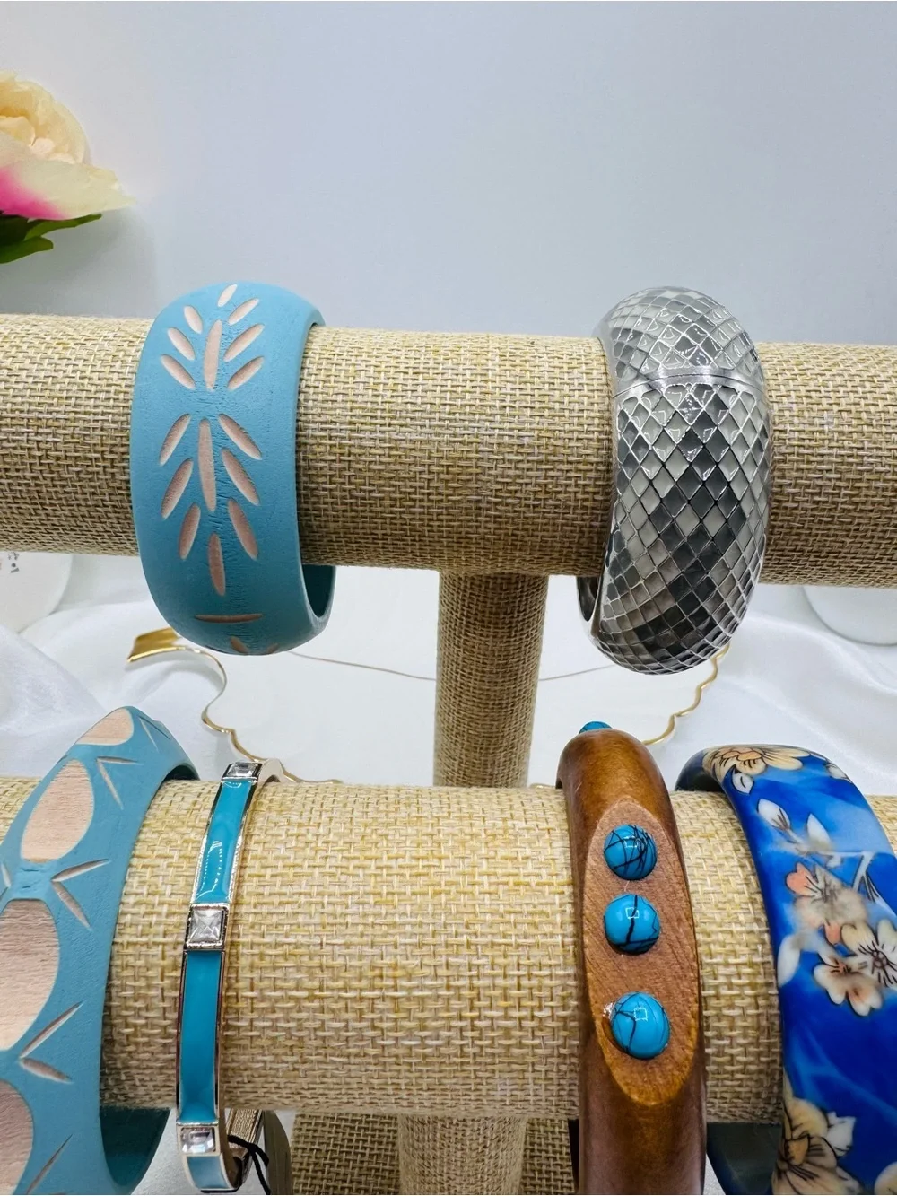 Boho Mixed Bangle Bracelet Lot Blue Wood Silver Floral Statement Bracelets 6 pcs
